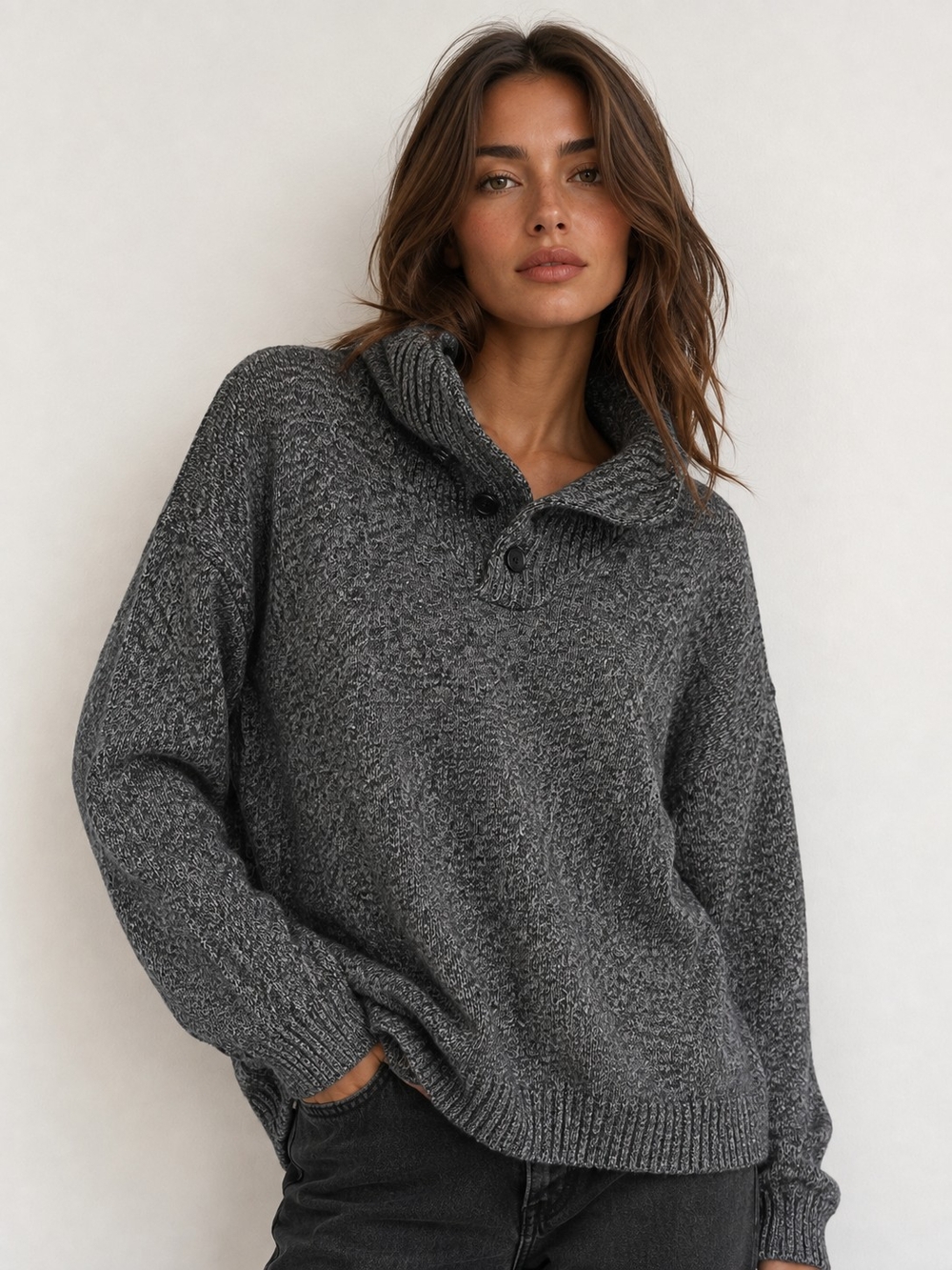 Goodfellow & Co XL Gray Marled Knit Shawl Collar Button Pullover Cozy Sweater
